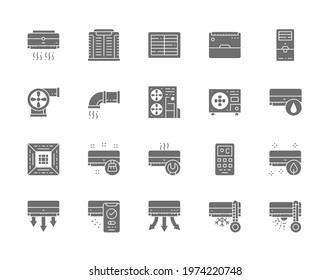 Set of Air Conditioning Grey Icons. Remote Control, Cooler, Humidifier and more.