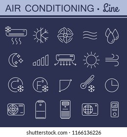 Conjunto de iconos vectoriales de aire acondicionado para su diseño. Aire acondicionado e imágenes del compresor de aire. Colección de iconos de colling lineales. Iconos delgados para el diseño de aplicaciones impresas, web y móviles. Trazo editable.