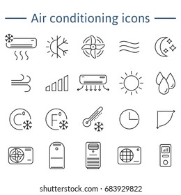 Set of air conditioning vector icons for your design. Air conditioner and air compressor images. Collection of linear colling icons. Thin icons for print, web, mobile apps design. Editable stroke.