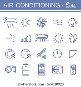Set of air conditioning vector icons for your design. Air conditioner and air compressor images. Collection of linear colling icons. Thin icons for print, web, mobile apps design. Editable stroke.