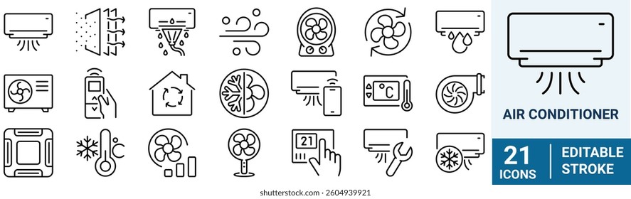 Set of Air Conditioning Vector Line Icons. Air Cooling, Fan, Humidity, Air Circulation, Ventilation. Editable Stroke