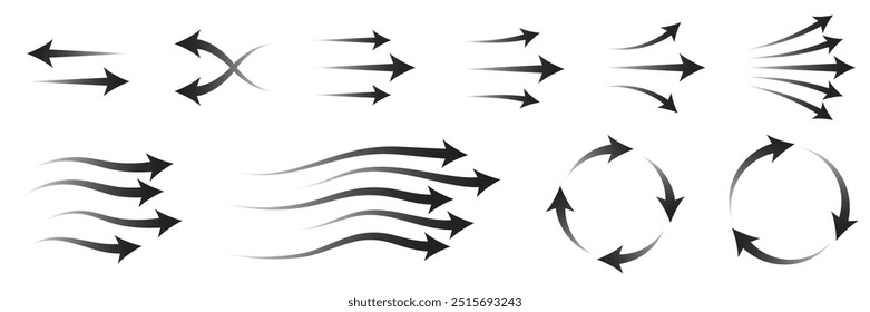 Conjunto de direção do ar mostrando a coleção de setas. seta símbolo de direção diferente. Ilustração de vetor.