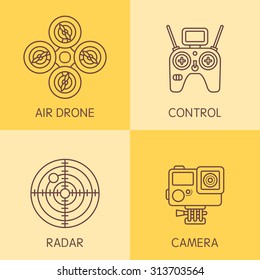 Set of air drone equipment performed in a latest trends. Fully editable vector. Perfect for logos and web design. 