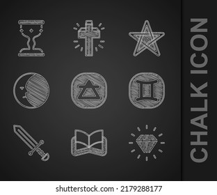 Elemento Aire, libro mágico antiguo, Diamante, Gemini zodiac, espada medieval, Luna, Pentagram y goblet icono. Vector