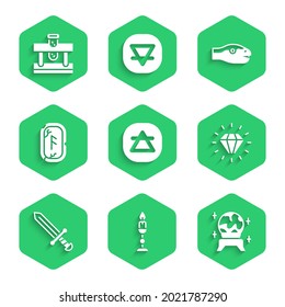 Set Air Element, Burning Kerze, Magic Ball, Diamond, mittelalterliches Schwert, Runen, Schlange und Flasche mit Tränensymbol. Vektorgrafik