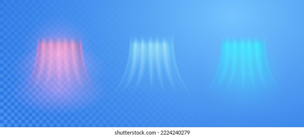Set air flow on a light background. Infrared wind wave light effect. Realistic movement of rarefied water from a humidifier. The concept of power radiation of air flow.