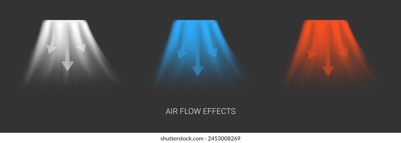 Conjunto de flujos de aire. Flujo de aire normal, frío y caliente. Efectos Abstractas de la luz de aire con flechas que indican la dirección del flujo de aire de un acondicionador de aire