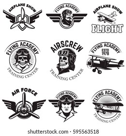 Set of air force, airplane show, flying academy emblems. Vintage planes. Design elements for logo, badge, label. Vector illustration.