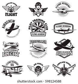 Set of air force, airplane show, flying academy emblems. Vintage planes. Design elements for logo, badge, label. Vector illustration.