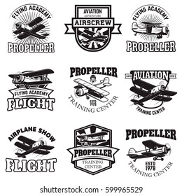 Set of air force, airplane show, flying academy emblems. Vintage planes. Design elements for logo, badge, label. Vector illustration.