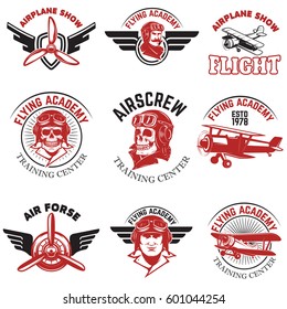 Set of air force, airplane show, flying academy emblems. Vintage planes. Design elements for logo, badge, label. Vector illustration.