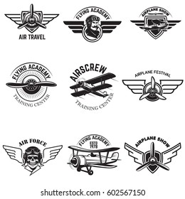 Set of air force, airplane show, flying academy emblems. Vintage planes. Design elements for logo, badge, label. Vector illustration.