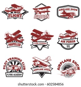 Set of air force, airplane show, flying academy emblems. Vintage planes. Design elements for logo, badge, label. Vector illustration.