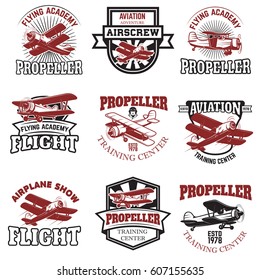 Set of air force, airplane show, flying academy emblems. Vintage planes. Design elements for logo, badge, label. Vector illustration.