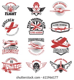 Set of air force, airplane show, flying academy emblems. Vintage planes. Design elements for logo, badge, label. Vector illustration.