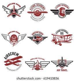 Set of air force, airplane show, flying academy emblems. Vintage planes. Design elements for logo, badge, label. Vector illustration.