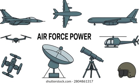 Set of air force power flat vector icons, collection of different air force objects.