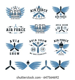 Set of air force and air show emblem and icons. Color print on white background