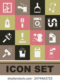 Set Air freshener spray bottle, Bottle for cleaning agent, Industry metallic pipe, Dustpan, Toilet brush, Dishwashing liquid, Rubber cleaner windows and Washer icon. Vector