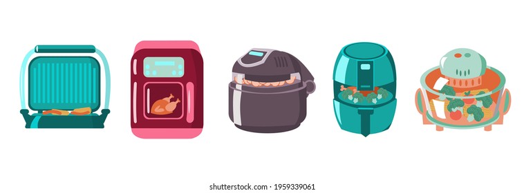 Set of air fryer of differen types with chiken, potato, corn and broccoli Cartoon isolated vector illustration on white background