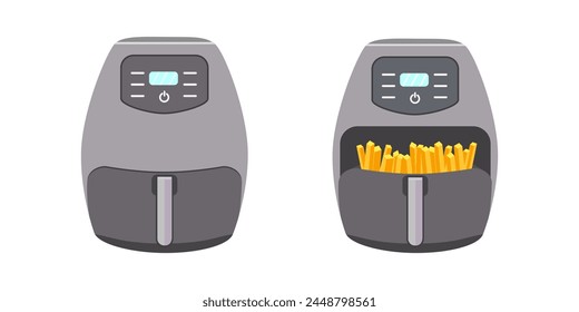 Set of Air Fryers. Left air fryer is closed.  Сooking. Right air fryer drawer pulled out, revealing golden brown fries inside. Сooking process is complete