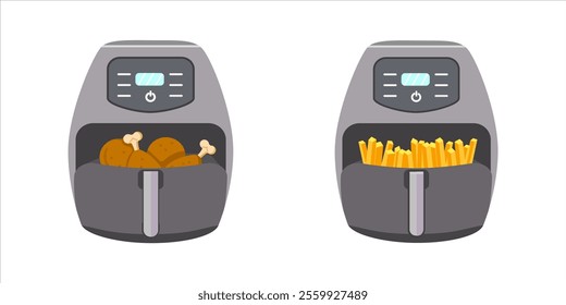 Set of Air Fryers. Left air fryer pulled out chicken drumsticks. Right air fryer drawer pulled out, golden brown fries inside.  Сooking process is complete