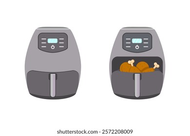 Set of Air Fryers. Left air fryer is closed. Drumsticks vector illustration. Сooking process is complete. Right air fryer drawer pulled out,  chicken, meat dishes inside.