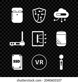 Set Air headphones in box, Cyber security, Internet of things, SSD card, Virtual reality, Gamepad, Router and wi-fi signal and Tablet icon. Vector