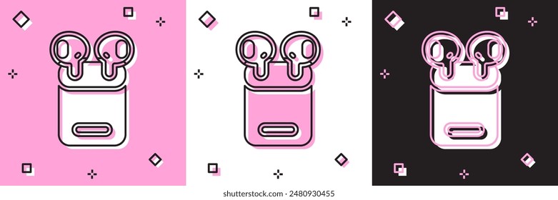 Set Air headphones in box icon isolated on pink and white, black background. Holder wireless in case earphones garniture electronic gadget.  Vector