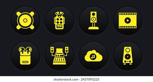 Set Air headphones in box, Online play video, Music recording studio, streaming service, Stereo speaker, Microphone,  and  icon. Vector