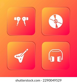 Set Air headphones, CD or DVD disk, Electric bass guitar and Headphones icon. Vector