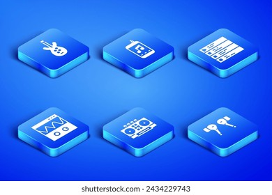 Set Air headphones, Electric bass guitar, DJ remote and mixing music, Oscilloscope, Music player and playlist icon. Vector