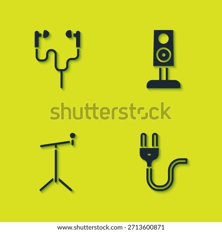 Set Air headphones, Electric plug, Microphone with stand and Stereo speaker icon. Vector