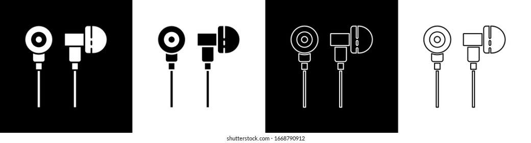 Set Air headphones icon icon isolated on black and white background. Holder wireless in case earphones garniture electronic gadget.  Vector Illustration