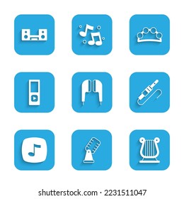 Set Air headphones, Microphone, Ancient Greek lyre, Audio jack, Music note, tone, player, Tambourine and Home stereo with two speakers icon. Vector