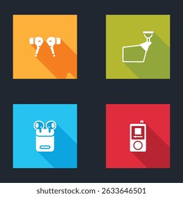 Set Air headphones, Movie spotlight, in box and Music player icon. Vector