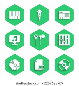 Set Air headphones, MP3 file document, CD or DVD disk, Sound mixer controller, Vinyl, Musical note speech bubble, synthesizer and  icon. Vector