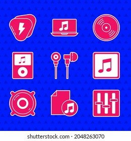 Set Air headphones, Music book with note, Sound mixer controller, tone, Stereo speaker, player, Vinyl disk and Guitar pick icon. Vector