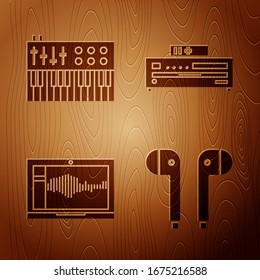 Set Air headphones, Music synthesizer, Sound or audio recorder on laptop and Music CD player on wooden background. Vector