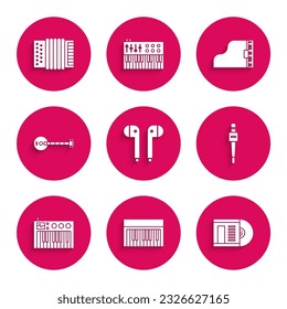 Set Air headphones, Music synthesizer, Vinyl disk, Microphone, Banjo, Grand piano and Musical instrument accordion icon. Vector