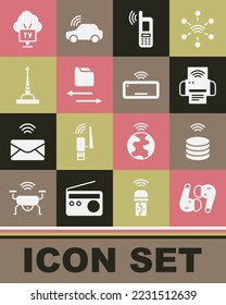Set Air headphones, Smart data server, printer system, Mobile with wi-fi wireless, Transfer files, Antenna, Tv and Computer keyboard icon. Vector