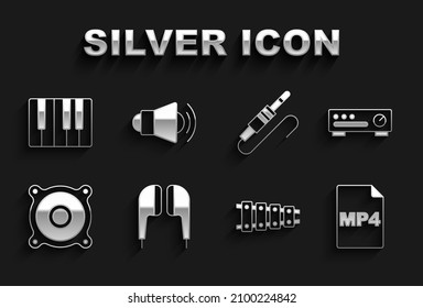 Set Air headphones, Sound mixer controller, MP4 file document, Xylophone, Stereo speaker, Audio jack, Music synthesizer and Megaphone icon. Vector