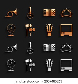 Set Air headphones, Tambourine, Voice assistant, Guitar, Treble clef, Accordion, Trumpet and Banjo icon. Vector