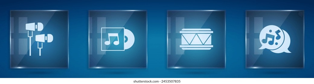 Set Air headphones, Vinyl disk, Drum and Music note, tone. Square glass panels. Vector