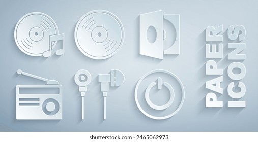 Set Air headphones, Vinyl player with vinyl disk, Radio antenna, Power button,  and  icon. Vector