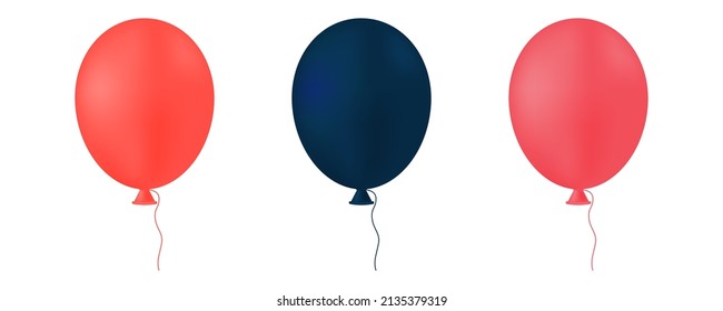 Set of air helium balloons with ribbon. Collection of realistic balloons of different colors, matte shades. Festive colorful decorative 3d render object. Decoration celebration design elements. Vector