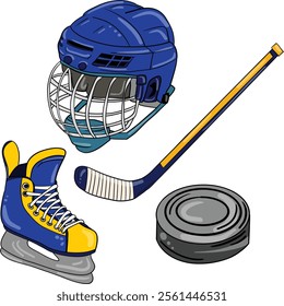 Set of Air Hockey Players: Helmet, Skates, Stick, Hockey Puck. Art and Illustration