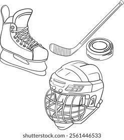 Set of Air Hockey Players: Helmet, Skates, Stick, Hockey Puck. Art and Illustration