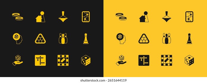 Set Air hockey table, Crossword, Bowling pin, Board game, Billiard balls triangle, Whirligig toy, Checker chips and Chip for board icon. Vector