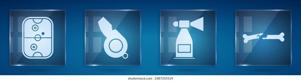 Set Air hockey table, Whistle, Air horn and Human broken bone. Square glass panels. Vector